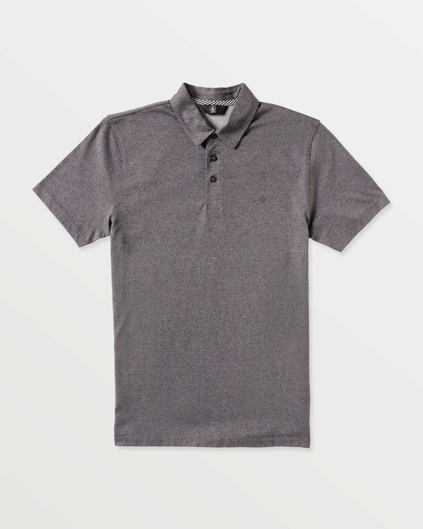 The Volcom Men's Wowzer Polo Short Sleeve Shirt features a classic collar and three black buttons in plain gray, offering a modern fit perfect for business casual style.