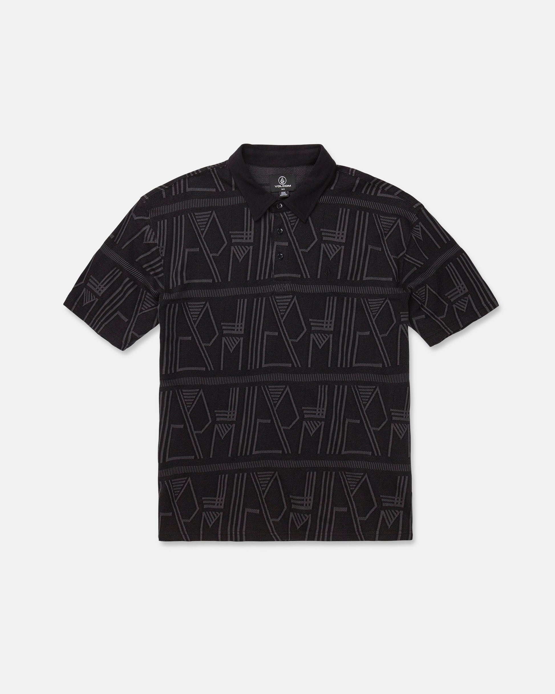Men's Stone Optix Polo: This black short-sleeve polo from Volcom features a collar and a modern geometric pattern in light gray lines. Crafted from yarn-dyed jacquard, it includes three buttons at the collar and showcases an abstract design with a boxy fit for contemporary style.