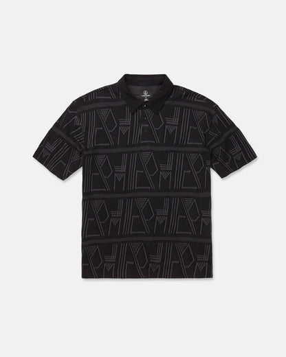Men's Stone Optix Polo: This black short-sleeve polo from Volcom features a collar and a modern geometric pattern in light gray lines. Crafted from yarn-dyed jacquard, it includes three buttons at the collar and showcases an abstract design with a boxy fit for contemporary style.