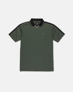 The Volcom Men's Chillstone Short Sleeve Polo features a green Birdseye mesh construction for breathability, a black collar accented with white piping, and a small embroidered logo on the left chest. Yarn-dye black stripes run along the shoulders and sleeves for added style.