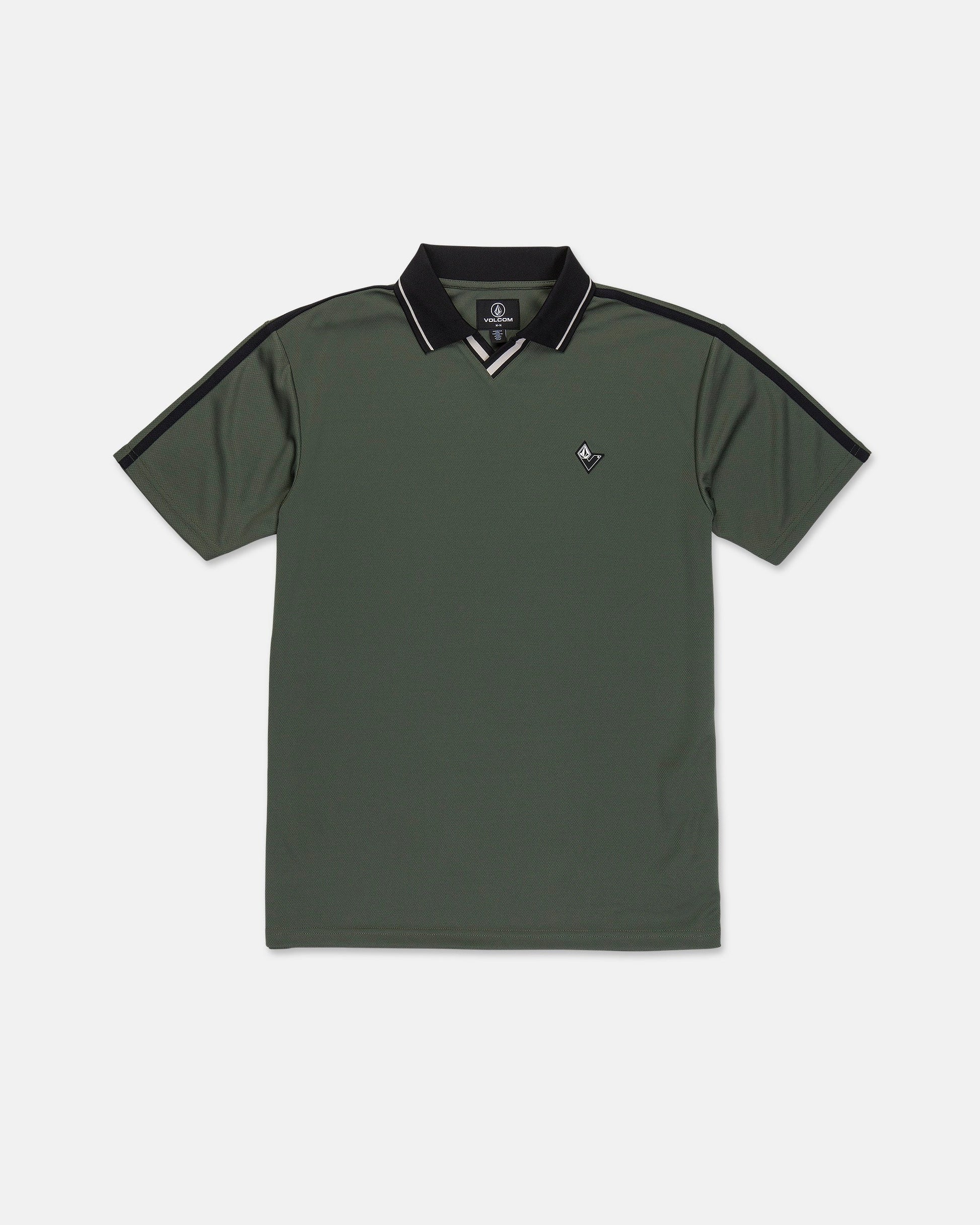 The Volcom Men's Chillstone Short Sleeve Polo features a green Birdseye mesh construction for breathability, a black collar accented with white piping, and a small embroidered logo on the left chest. Yarn-dye black stripes run along the shoulders and sleeves for added style.