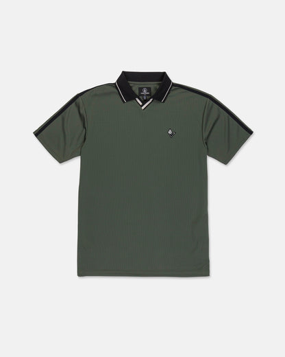 The Volcom Men's Chillstone Short Sleeve Polo features a green Birdseye mesh construction for breathability, a black collar accented with white piping, and a small embroidered logo on the left chest. Yarn-dye black stripes run along the shoulders and sleeves for added style.