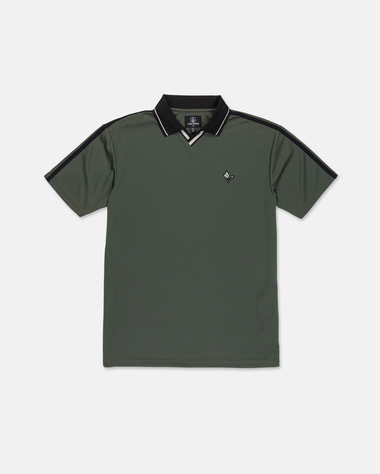 The Volcom Men's Chillstone Short Sleeve Polo features a green Birdseye mesh construction for breathability, a black collar accented with white piping, and a small embroidered logo on the left chest. Yarn-dye black stripes run along the shoulders and sleeves for added style.