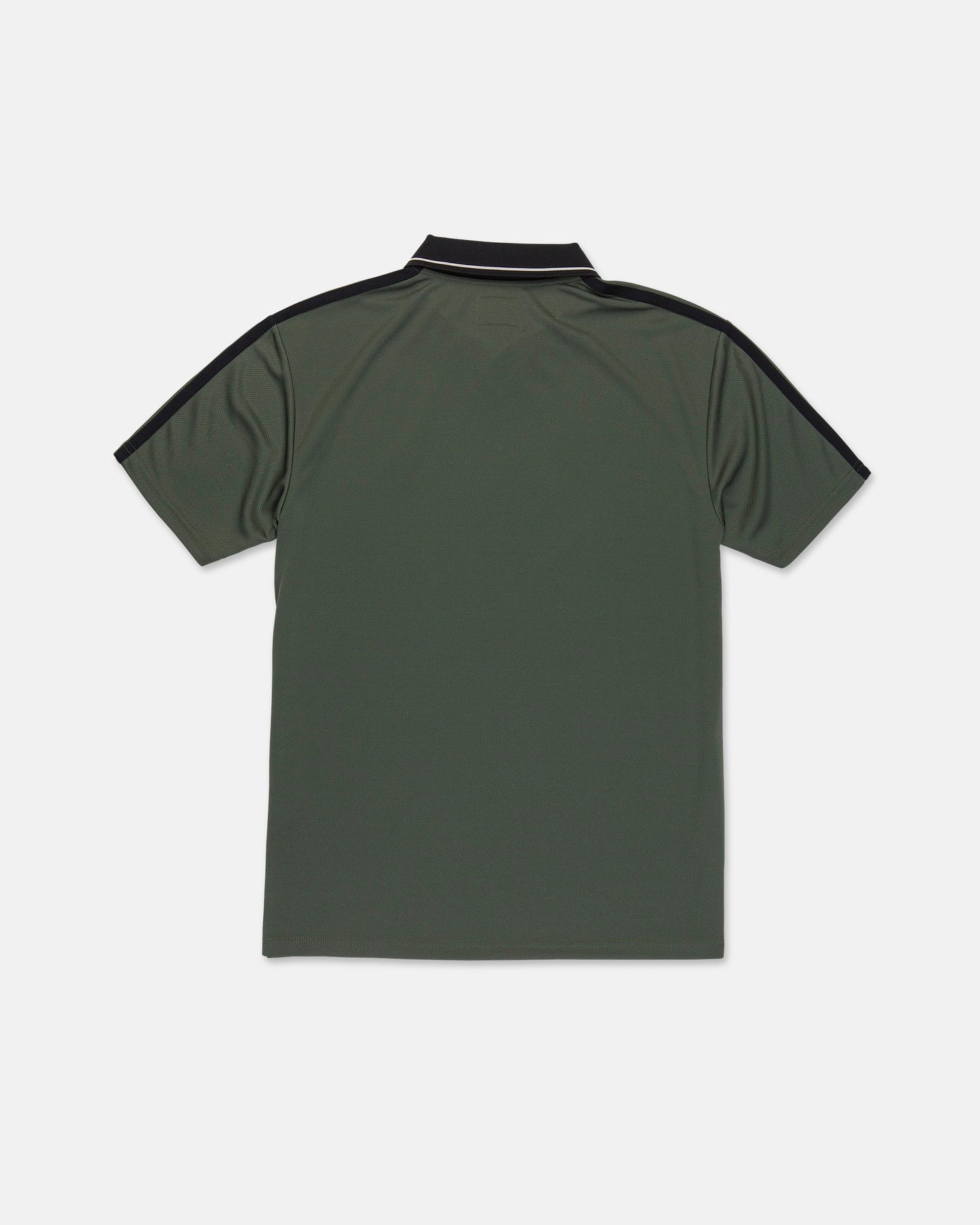 Back view of the Volcom Men's Chillstone Short Sleeve Polo in olive green, featuring a black collar and black yarn-dye stripes along the shoulders and sleeves, crafted from breathable Birdseye mesh fabric, laid flat on a white background.