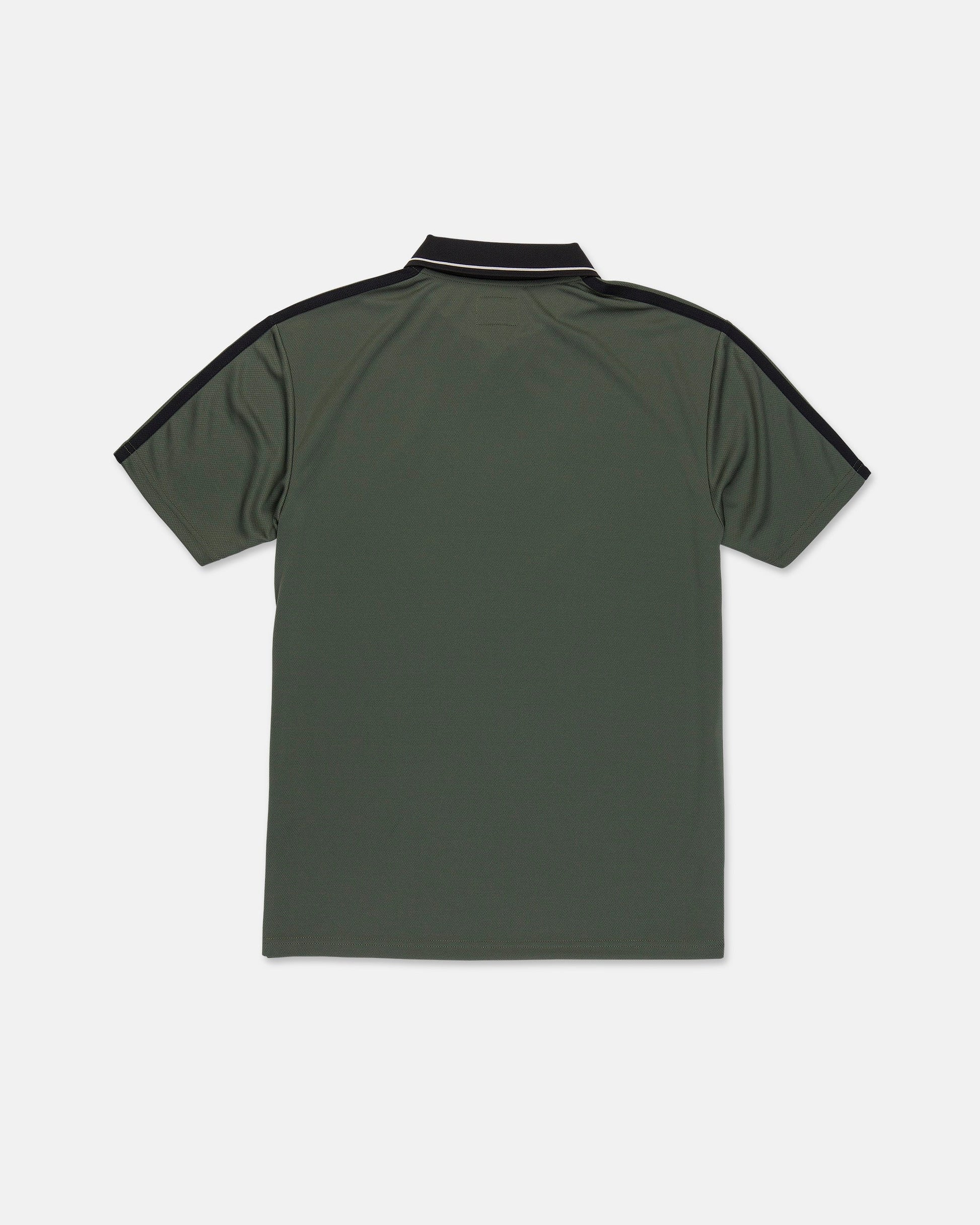 Back view of the Volcom Men's Chillstone Short Sleeve Polo in olive green, featuring a black collar and black yarn-dye stripes along the shoulders and sleeves, crafted from breathable Birdseye mesh fabric, laid flat on a white background.