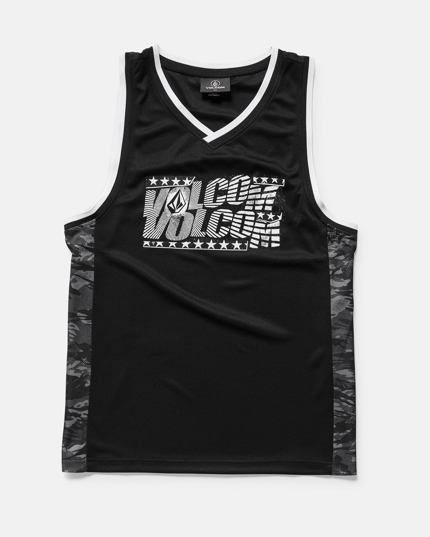 The Volcom Men's Froth Of July Tank is a black muscle fit sleeveless jersey with white trim, white Volcom logo on the chest, dark camo side panels, and breathable closed cell mesh for comfort.