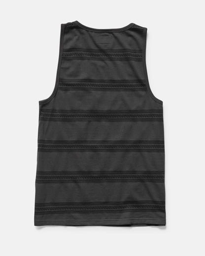 The Volcom Men's Yewster Tank is a sleeveless black top featuring dark gray jacquard stripes, shown flat from the back on a white background. Made from 240gsm cotton with a modern fit.