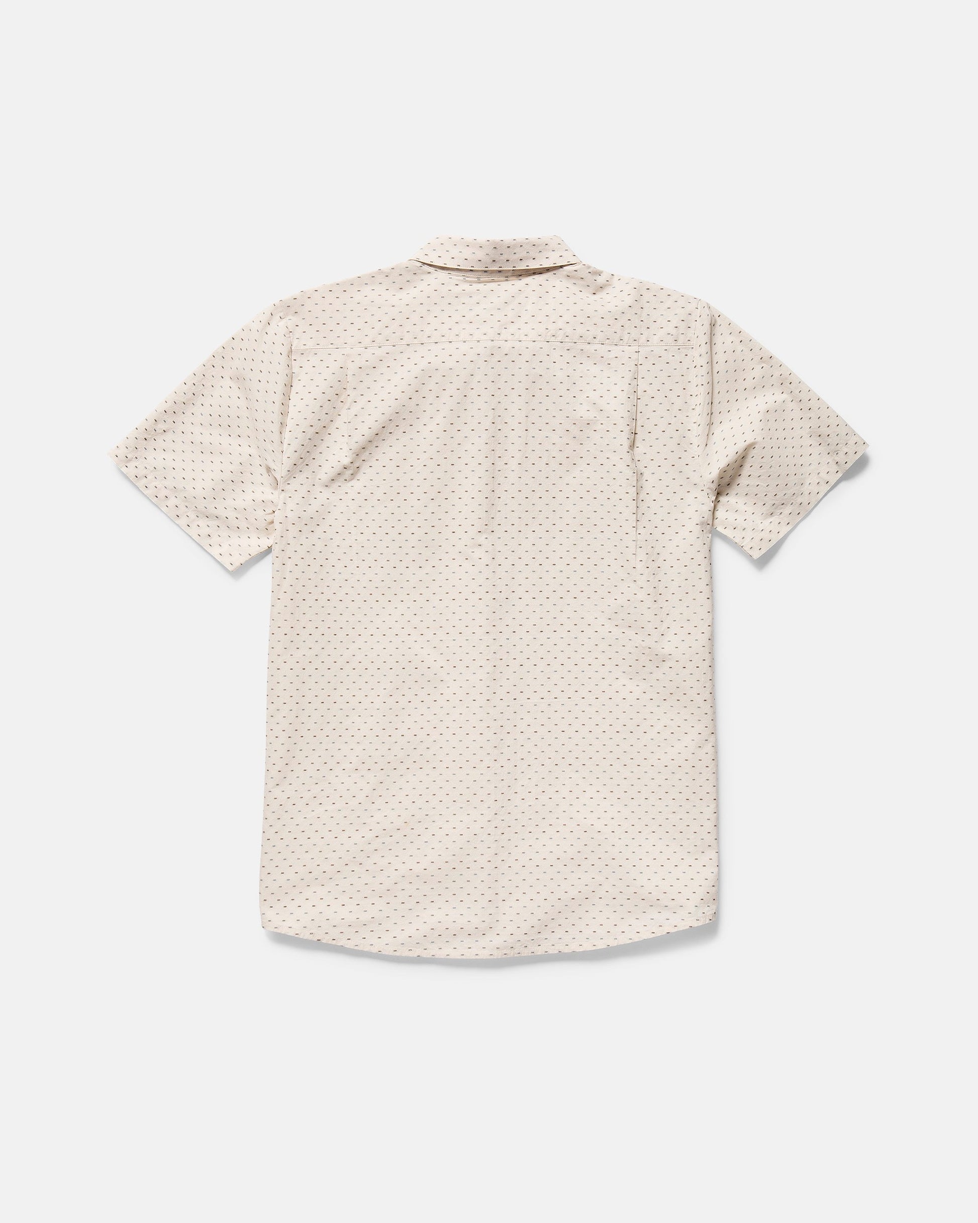 The Volcom Men's Bankstone II Short Sleeve Tee, in light beige with a subtle dobby dot texture and classic fit, is shown from the back against a plain white background.
