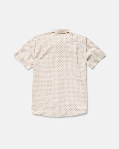 The Volcom Men's Bankstone II Short Sleeve Tee, in light beige with a subtle dobby dot texture and classic fit, is shown from the back against a plain white background.