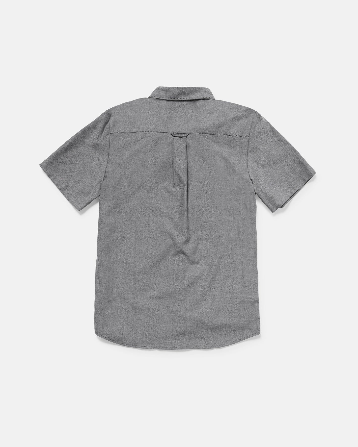 Back view of the Volcom Men's Everett Oxford II short sleeve, light gray button-up shirt with a collar and center back pleat. The classic fit oxford is laid flat on a white background.