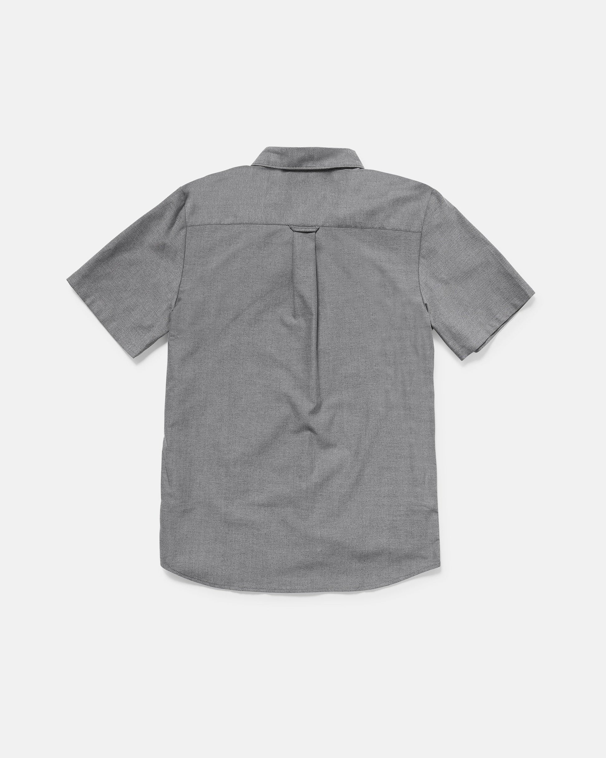 Back view of the Volcom Men's Everett Oxford II short sleeve, light gray button-up shirt with a collar and center back pleat. The classic fit oxford is laid flat on a white background.