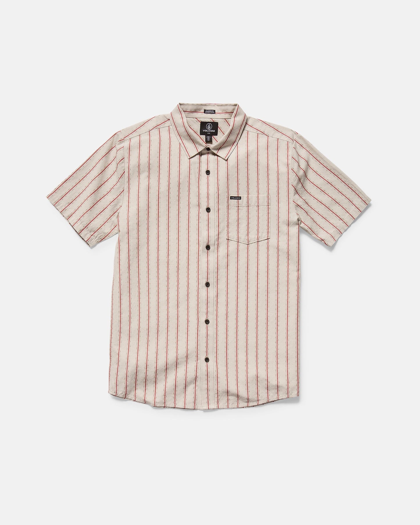 The Volcom Men's Sato Stripe Short Sleeve Tee features a white base with red vertical stripes, a left chest pocket, black front buttons, and a classic fit in soft cotton slub.