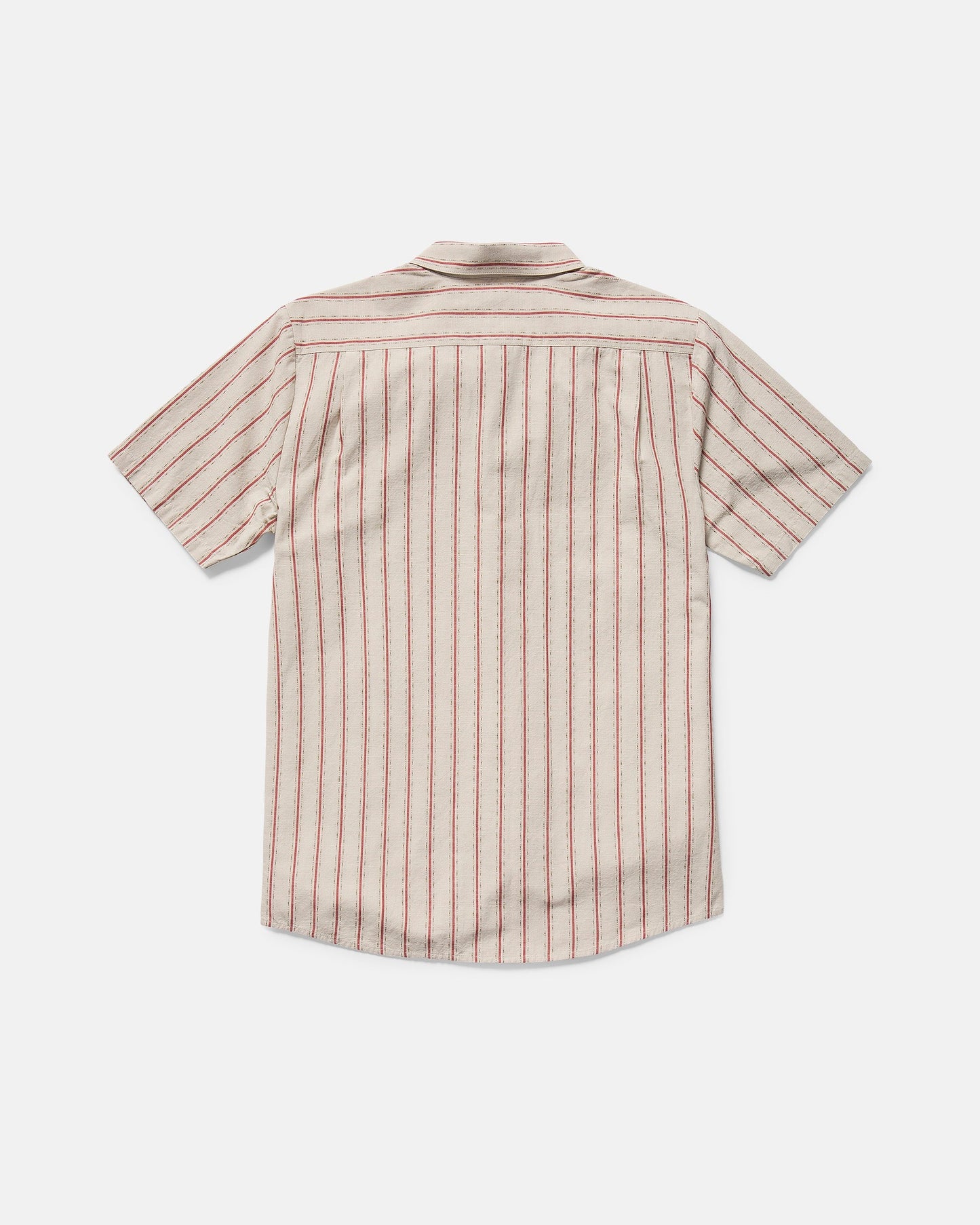 The Volcom Men's Sato Stripe Short Sleeve Tee features a classic fit and yarn-dyed red stripes on a beige background, shown from the back against a white surface.