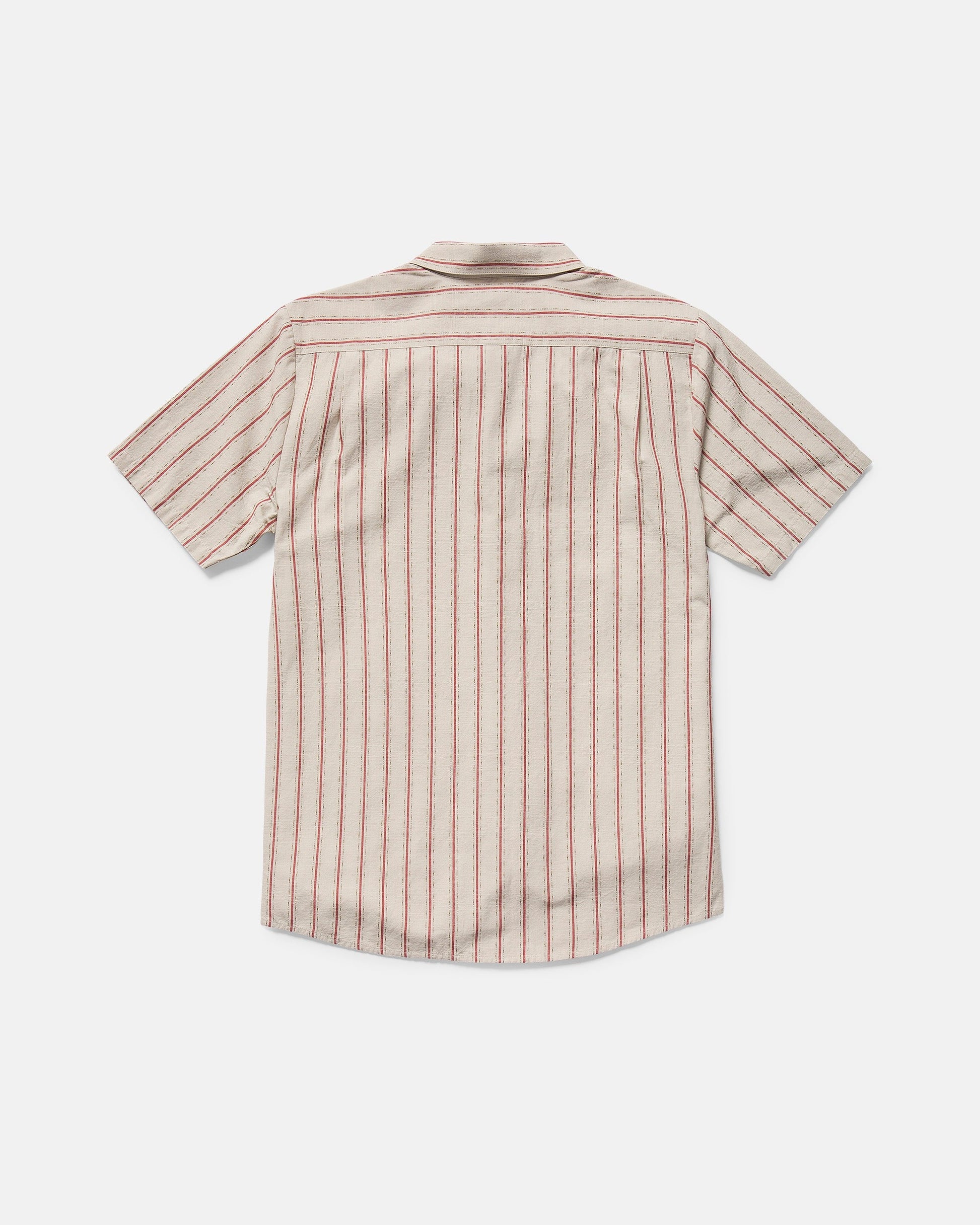 The Volcom Men's Sato Stripe Short Sleeve Tee features a classic fit and yarn-dyed red stripes on a beige background, shown from the back against a white surface.