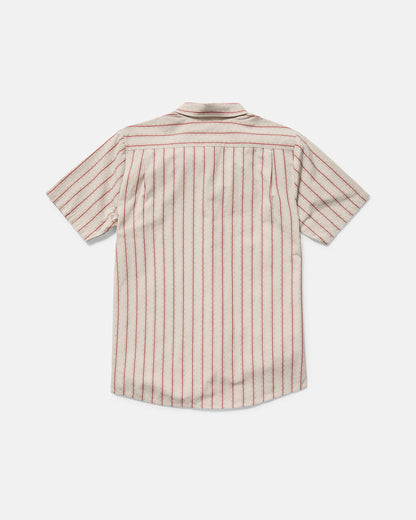 The Volcom Men's Sato Stripe Short Sleeve Tee features a classic fit and yarn-dyed red stripes on a beige background, shown from the back against a white surface.