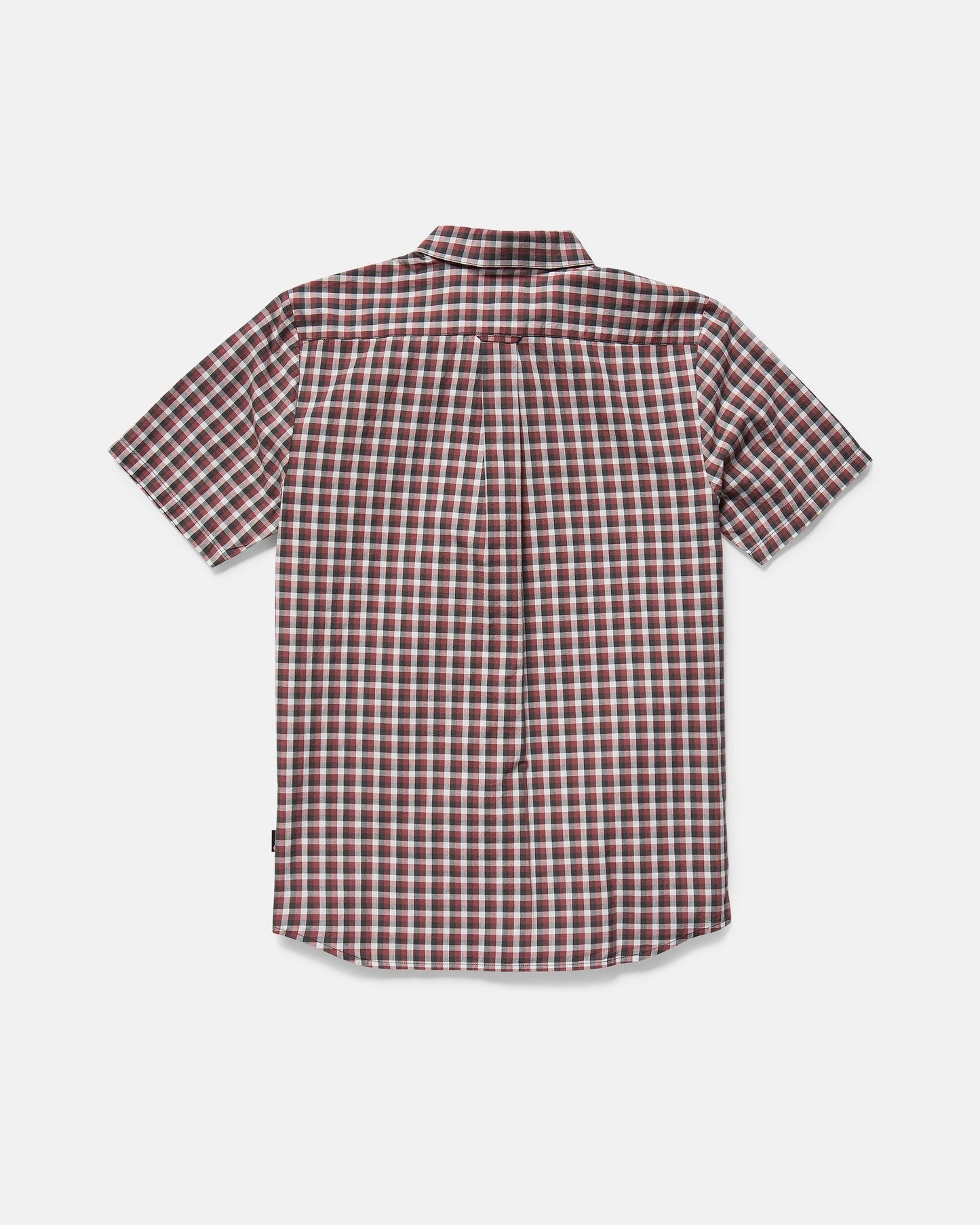 Back view of the Volcom Men's Louie Check Short Sleeve Tee, showcasing a red, white, and black plaid pattern with a light blue acid check effect against a plain light gray background.