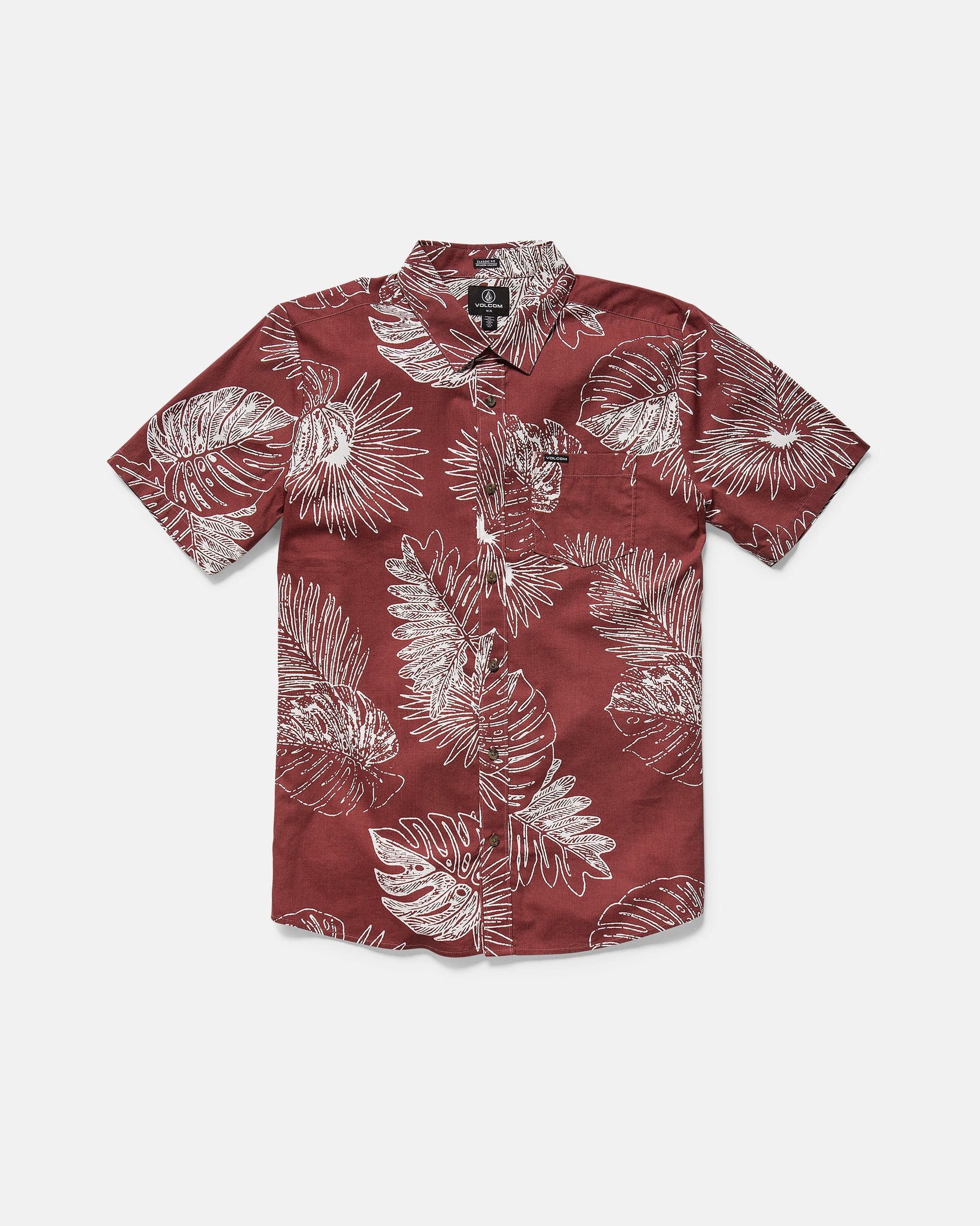 The Volcom Men's Monsterious Short Sleeve Shirt features a button-up design, collar, chest pocket, and white tropical leaf print on burgundy, made from a comfy cotton-viscose blend.
