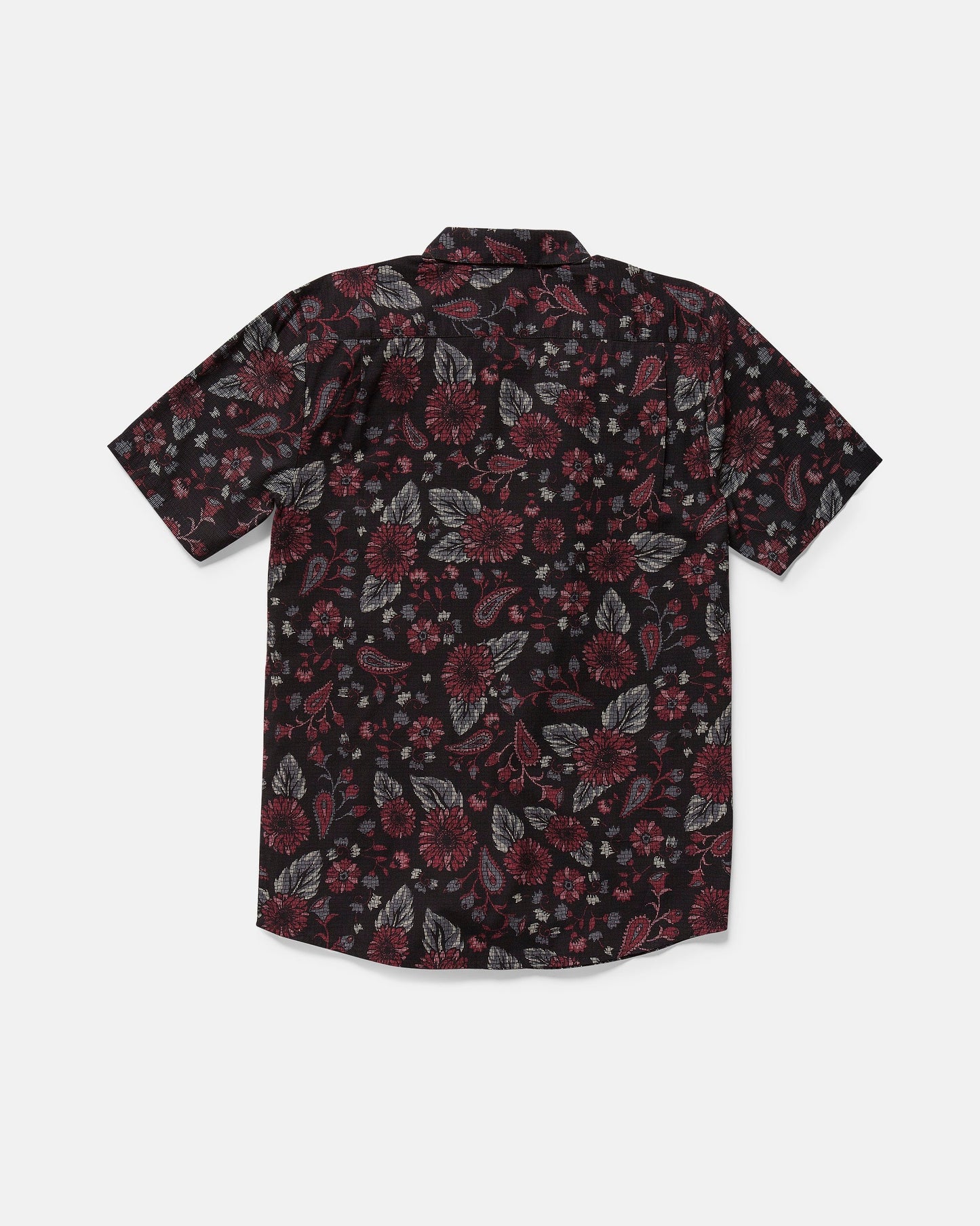 The Volcom Men's Scaler Stone Woven Short Sleeve Shirt features a black base with an all-over red, gray, and white floral pattern. This classic fit button-up is shown laid flat with the back side facing up.