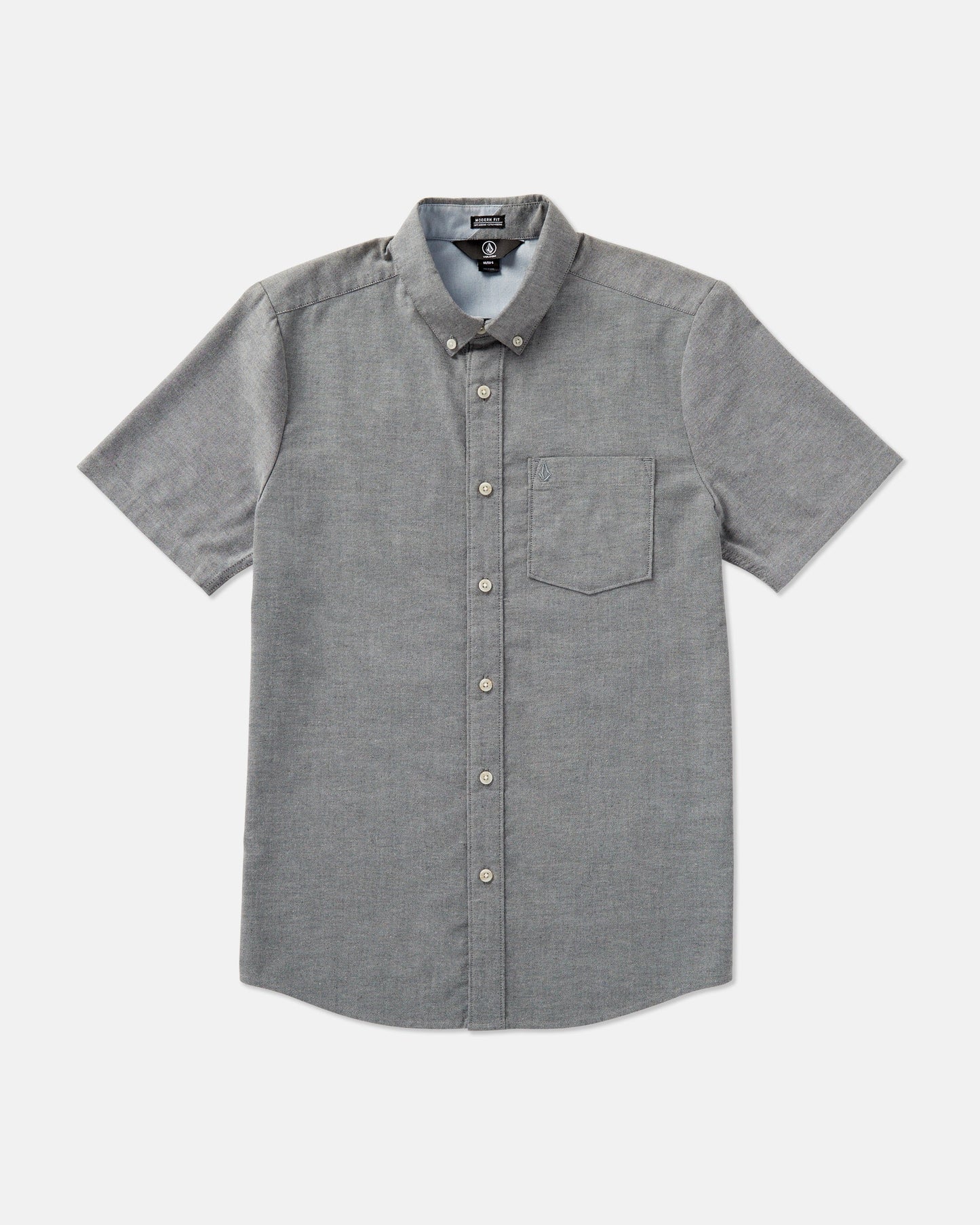 The Volcom Men's Everett Oxford Short Sleeve Tee in gray, with a slim fit, button-down collar, chest pocket, and subtle branding, is shown laid flat on a plain white background.