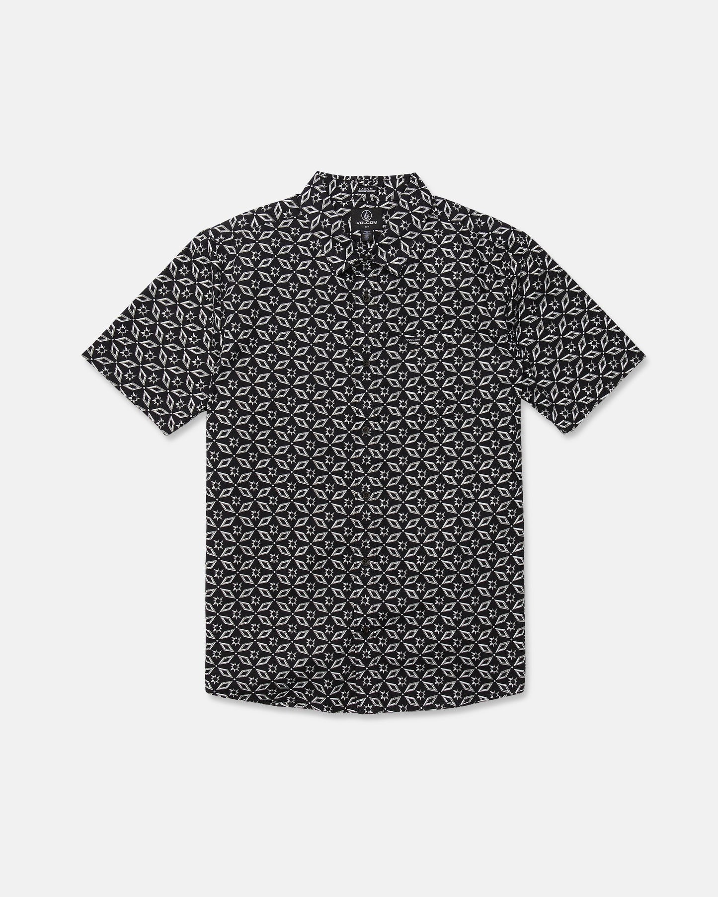 The Volcom Men's Scaler Stone Short Sleeve Shirt features a black color with a white geometric print and is shown laid flat on a white background.