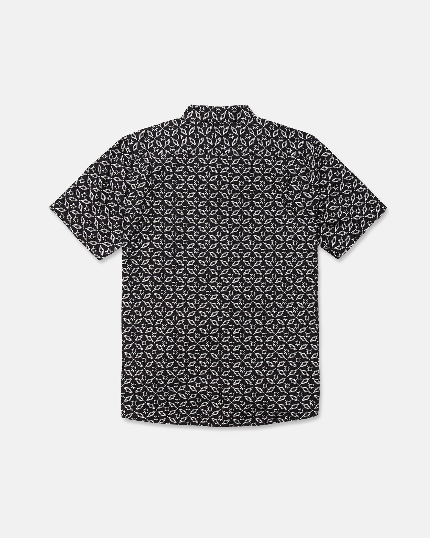 The Volcom Men's Scaler Stone Short Sleeve Shirt, featuring a black background with a white geometric pattern, is shown from the back.