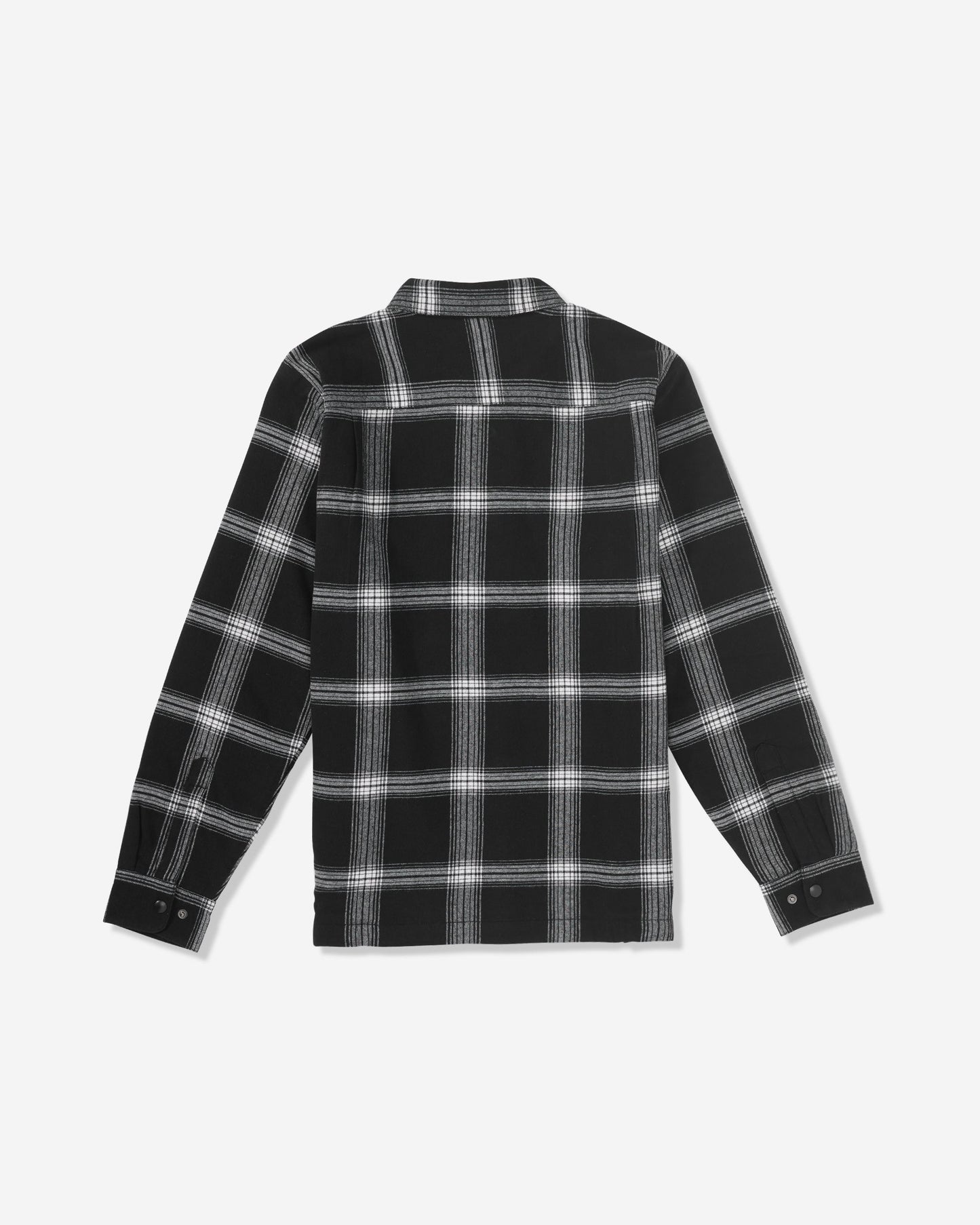 The Volcom Men's Wilderstone Long Sleeve, shown in black and white plaid with its back up, is a cotton woven shirt featuring a collar and buttoned cuffs—perfect for any occasion.