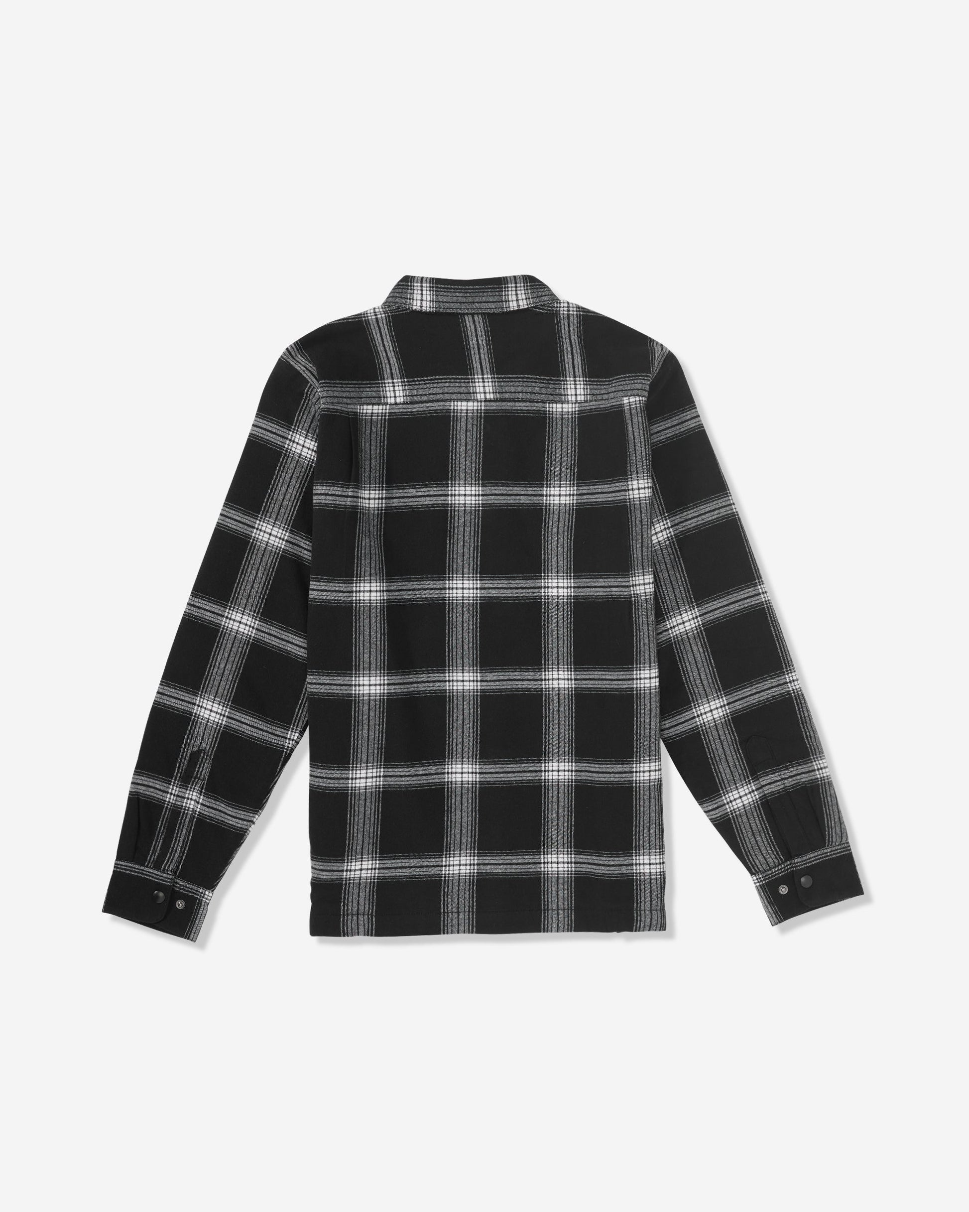 The Volcom Men's Wilderstone Long Sleeve, shown in black and white plaid with its back up, is a cotton woven shirt featuring a collar and buttoned cuffs—perfect for any occasion.