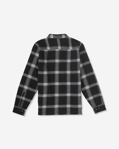 The Volcom Men's Wilderstone Long Sleeve, shown in black and white plaid with its back up, is a cotton woven shirt featuring a collar and buttoned cuffs—perfect for any occasion.