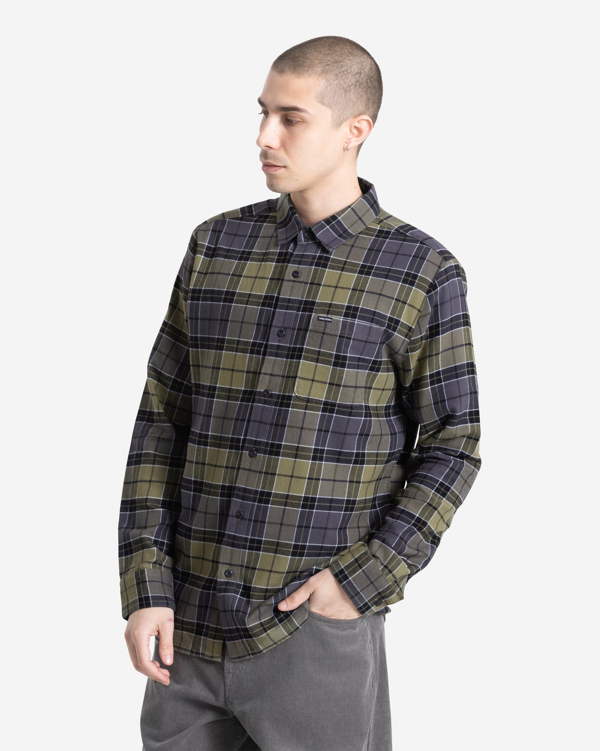 Men's Caden Plaid Long Sleeve Shirt-Dark Olive-Volcom