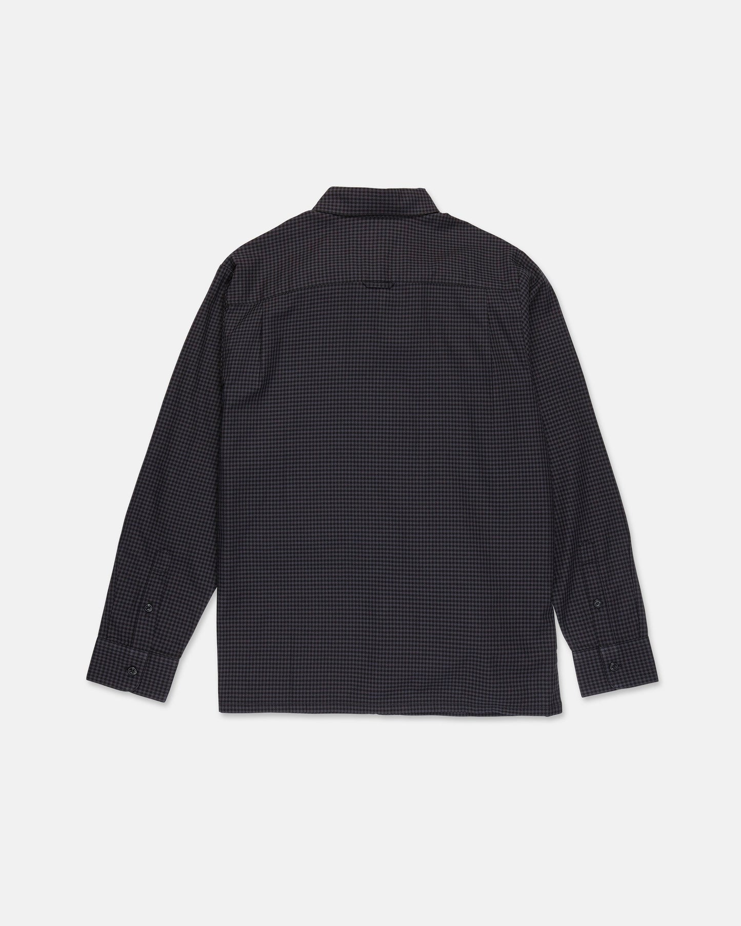 The Volcom Men's Glasnow Long Sleeve Shirt features a dark, small checkered pattern and subtle yarn-dyed dobby texture, displayed from the back on a plain white background.