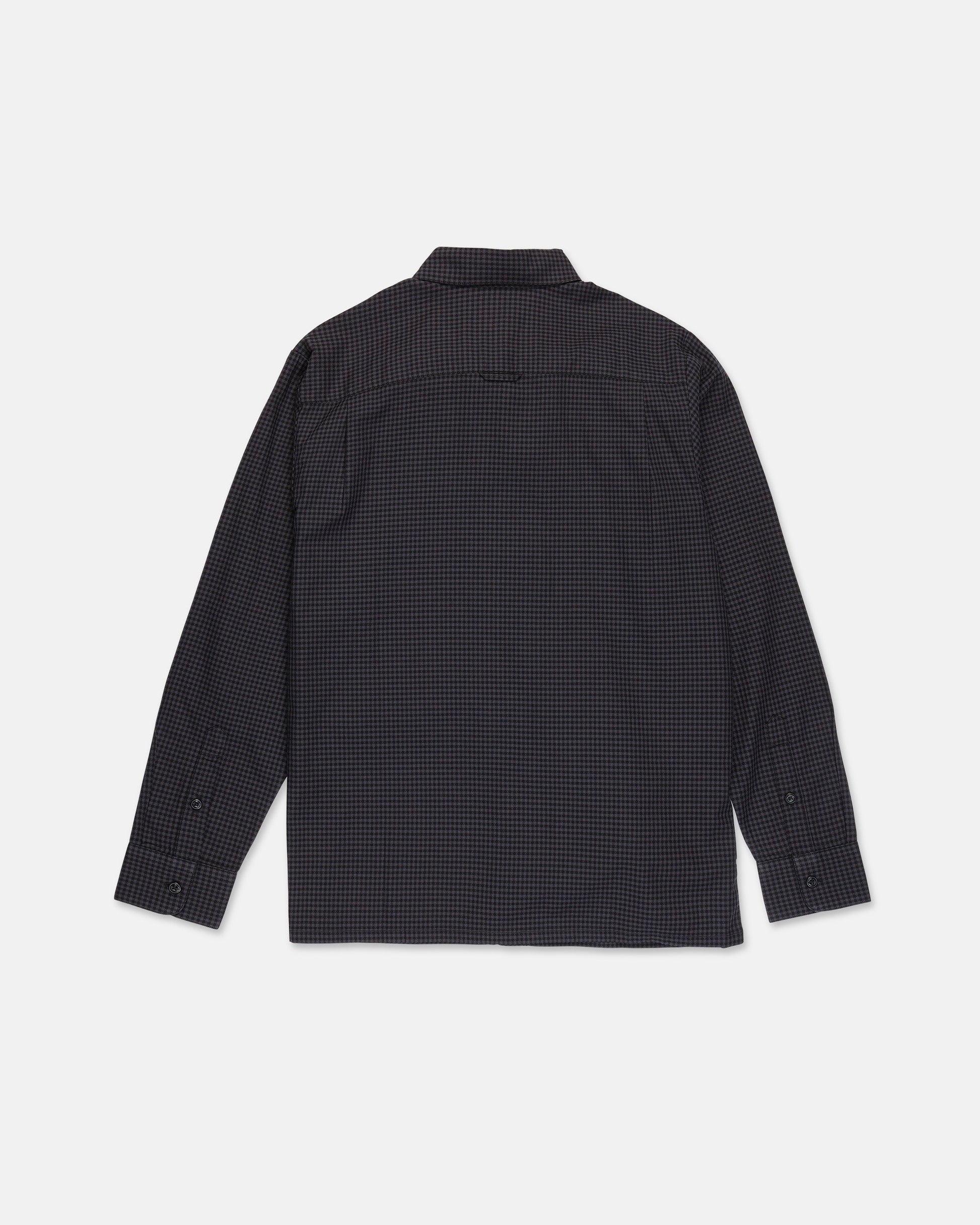 The Volcom Men's Glasnow Long Sleeve Shirt features a dark, small checkered pattern and subtle yarn-dyed dobby texture, displayed from the back on a plain white background.