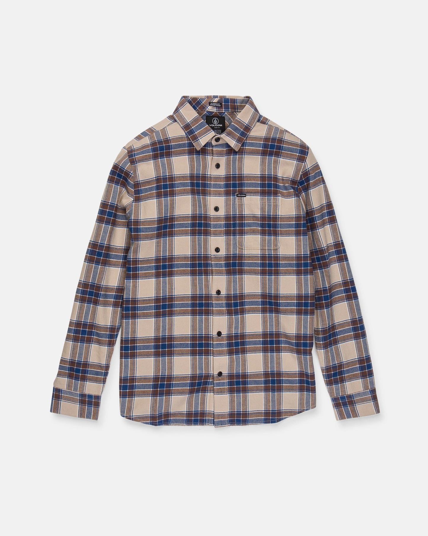 The Volcom Men's Caden Plaid Long Sleeve Shirt is shown laid flat on a white background. This classic fit shirt features a beige, blue, and brown plaid pattern, long sleeves, a collar, and a single front chest pocket. Crafted from soft cotton flannel, it combines comfort with timeless style.