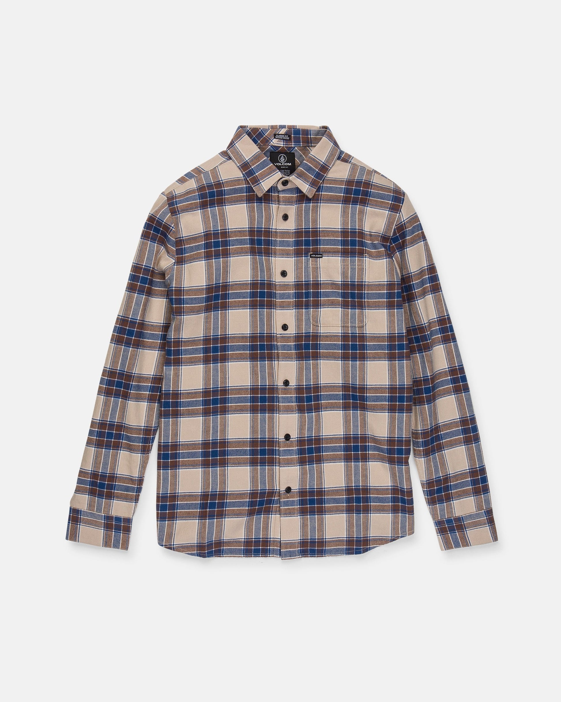 The Volcom Men's Caden Plaid Long Sleeve Shirt is shown laid flat on a white background. This classic fit shirt features a beige, blue, and brown plaid pattern, long sleeves, a collar, and a single front chest pocket. Crafted from soft cotton flannel, it combines comfort with timeless style.