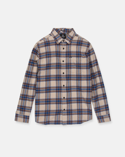 The Volcom Men's Caden Plaid Long Sleeve Shirt is shown laid flat on a white background. This classic fit shirt features a beige, blue, and brown plaid pattern, long sleeves, a collar, and a single front chest pocket. Crafted from soft cotton flannel, it combines comfort with timeless style.