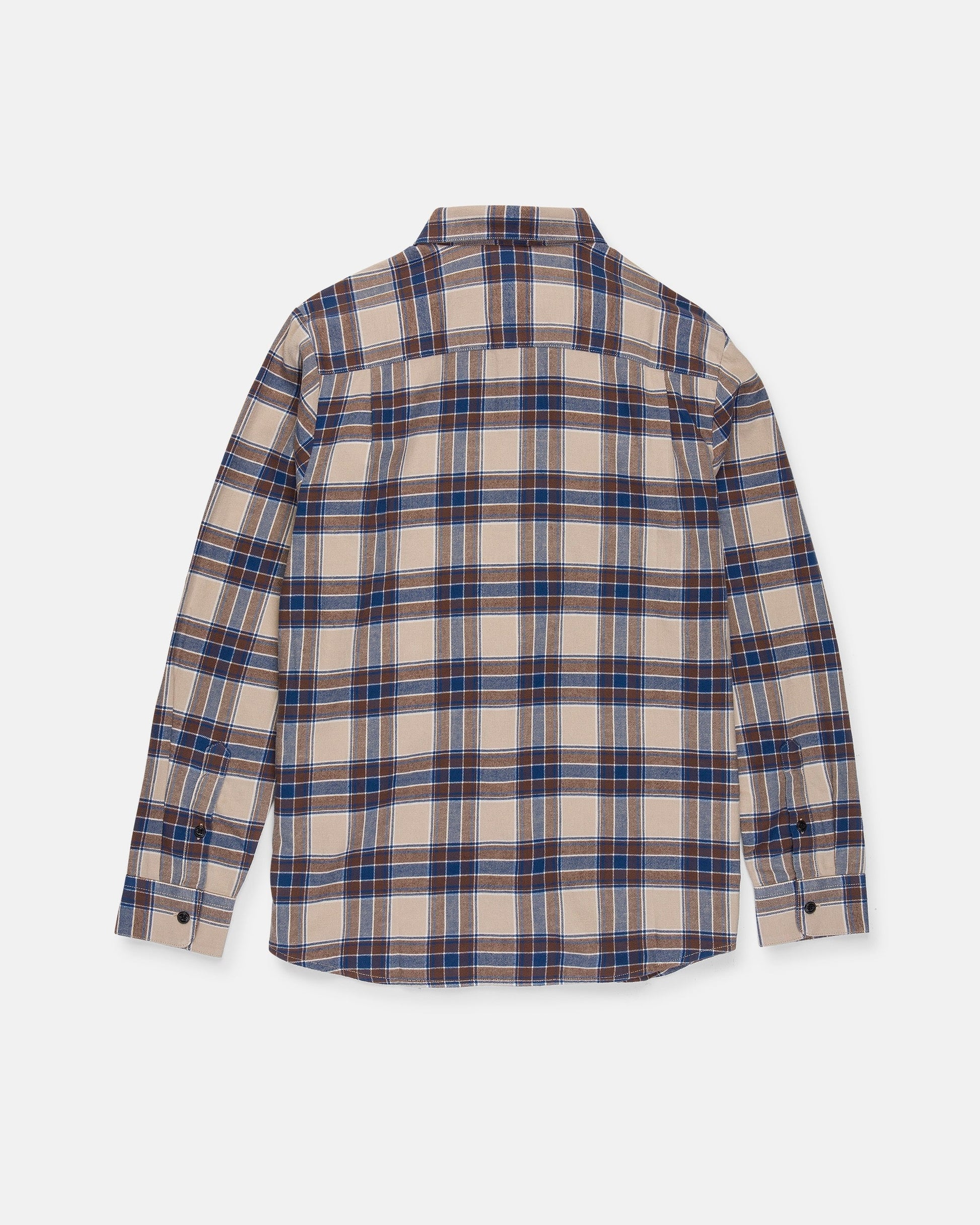 The Volcom Men's Caden Plaid Long Sleeve Shirt is shown from the back against a white background, featuring a classic fit with a button-up design and long sleeves in a beige, blue, and brown plaid pattern.