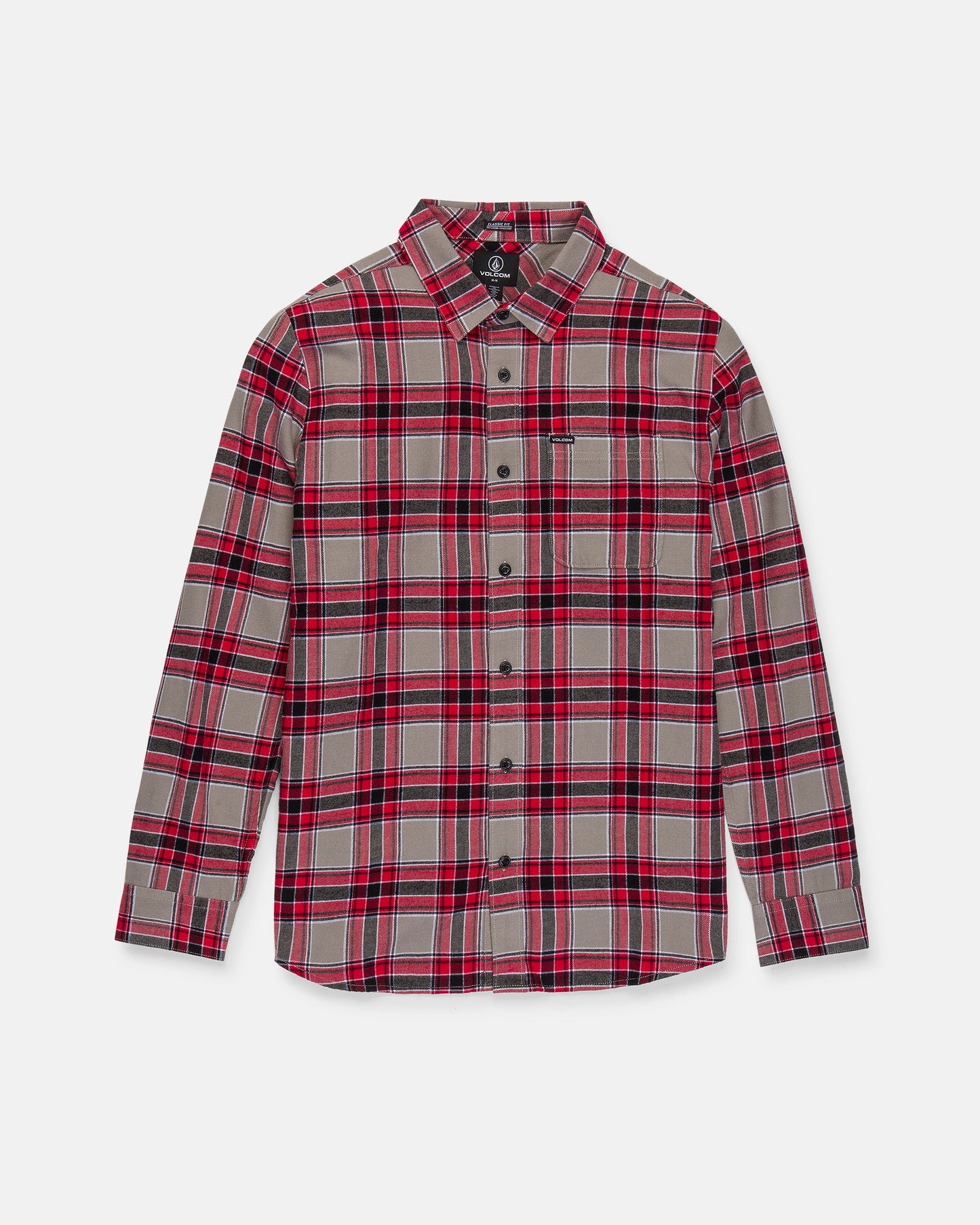 The Volcom Men's Caden Plaid Long Sleeve Shirt features a classic fit with a red, black, and beige plaid pattern. This soft cotton flannel shirt is designed with a button-up front, pointed collar, and a single chest pocket on the left side for comfort and warmth.