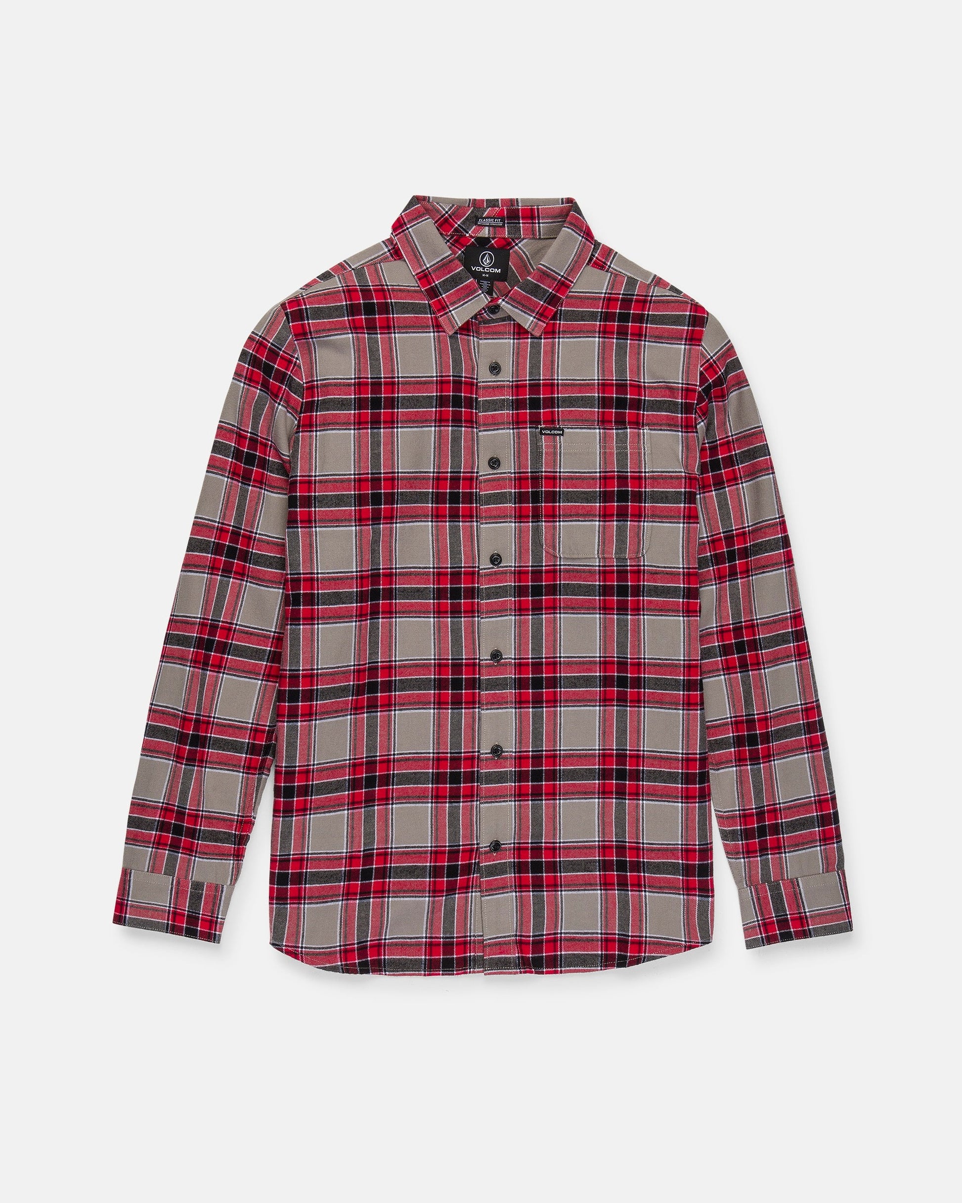 The Volcom Men's Caden Plaid Long Sleeve Shirt features a classic fit with a red, black, and beige plaid pattern. This soft cotton flannel shirt is designed with a button-up front, pointed collar, and a single chest pocket on the left side for comfort and warmth.