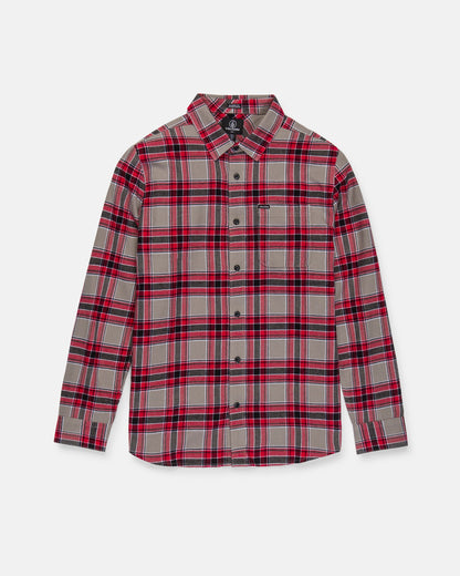 The Volcom Men's Caden Plaid Long Sleeve Shirt features a classic fit with a red, black, and beige plaid pattern. This soft cotton flannel shirt is designed with a button-up front, pointed collar, and a single chest pocket on the left side for comfort and warmth.