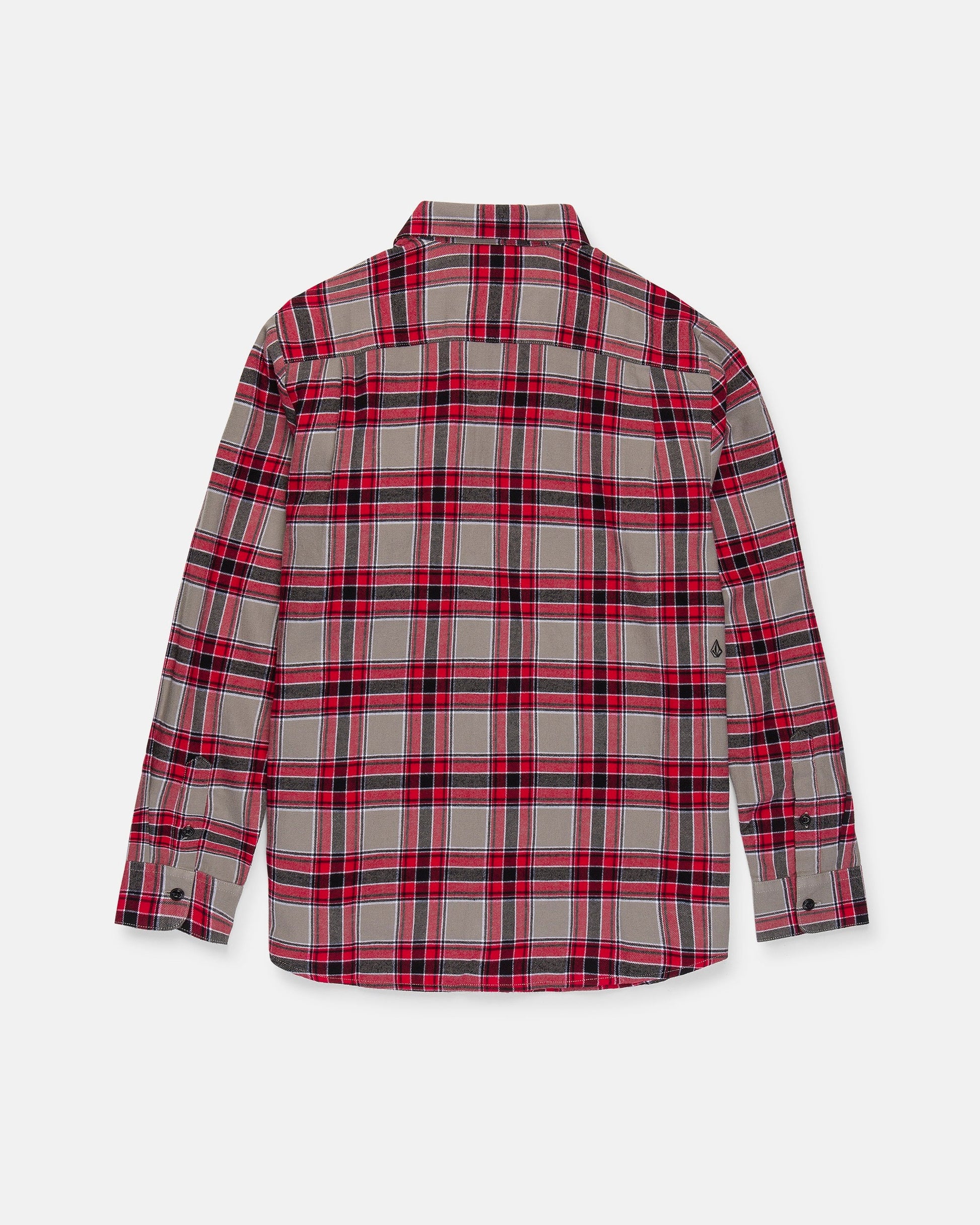 The Volcom Men's Caden Plaid Long Sleeve Shirt features a red, black, and gray plaid pattern and is crafted from cotton flannel. Shown from the back against a white background, this classic fit button-up shirt combines timeless style with comfortable wear.