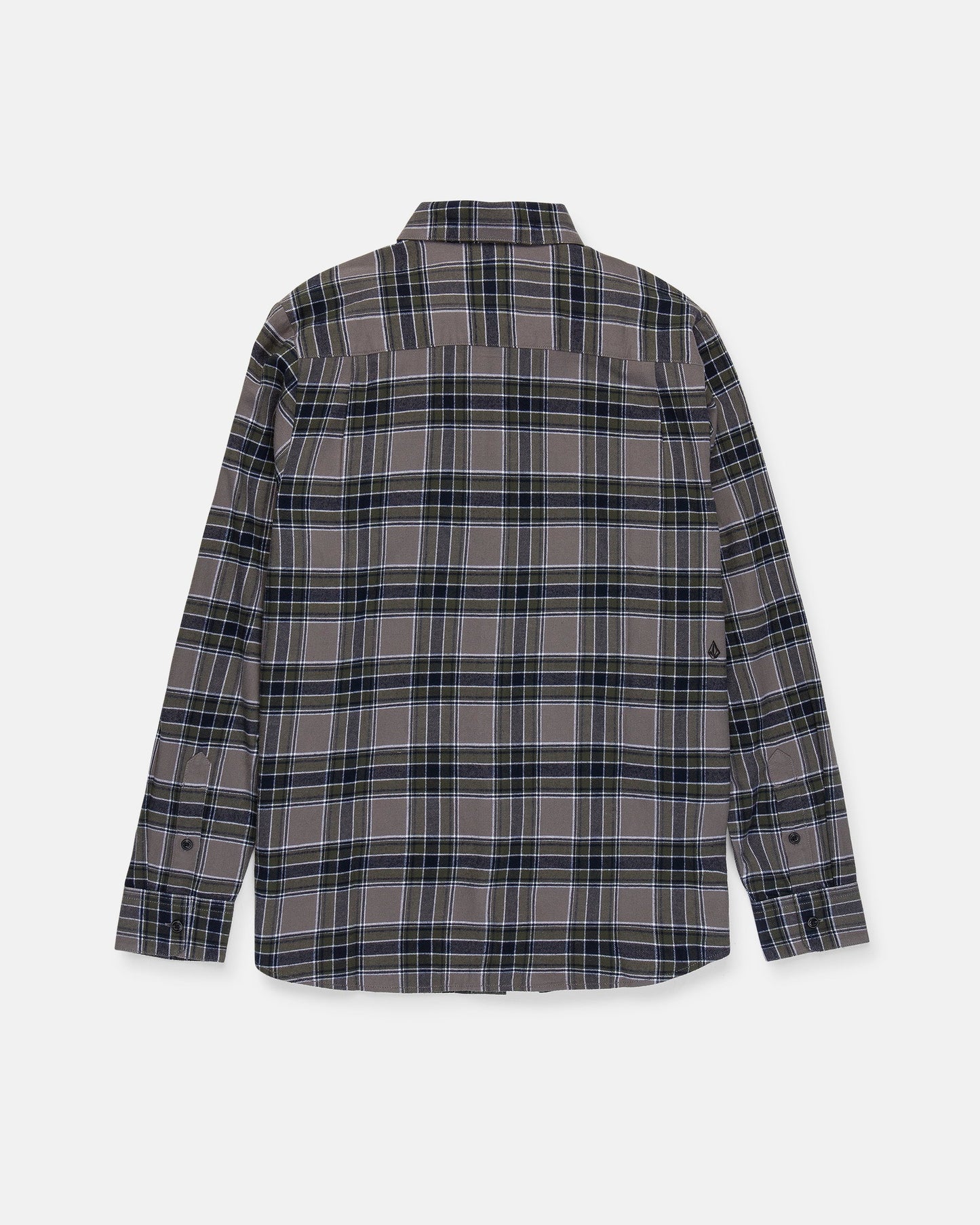 The Volcom Men's Caden Plaid Long Sleeve Shirt is a classic fit button-up flannel featuring a black, blue, and gray plaid pattern. Shown from the back against a white background, it is crafted from soft cotton flannel for lasting comfort and durability.