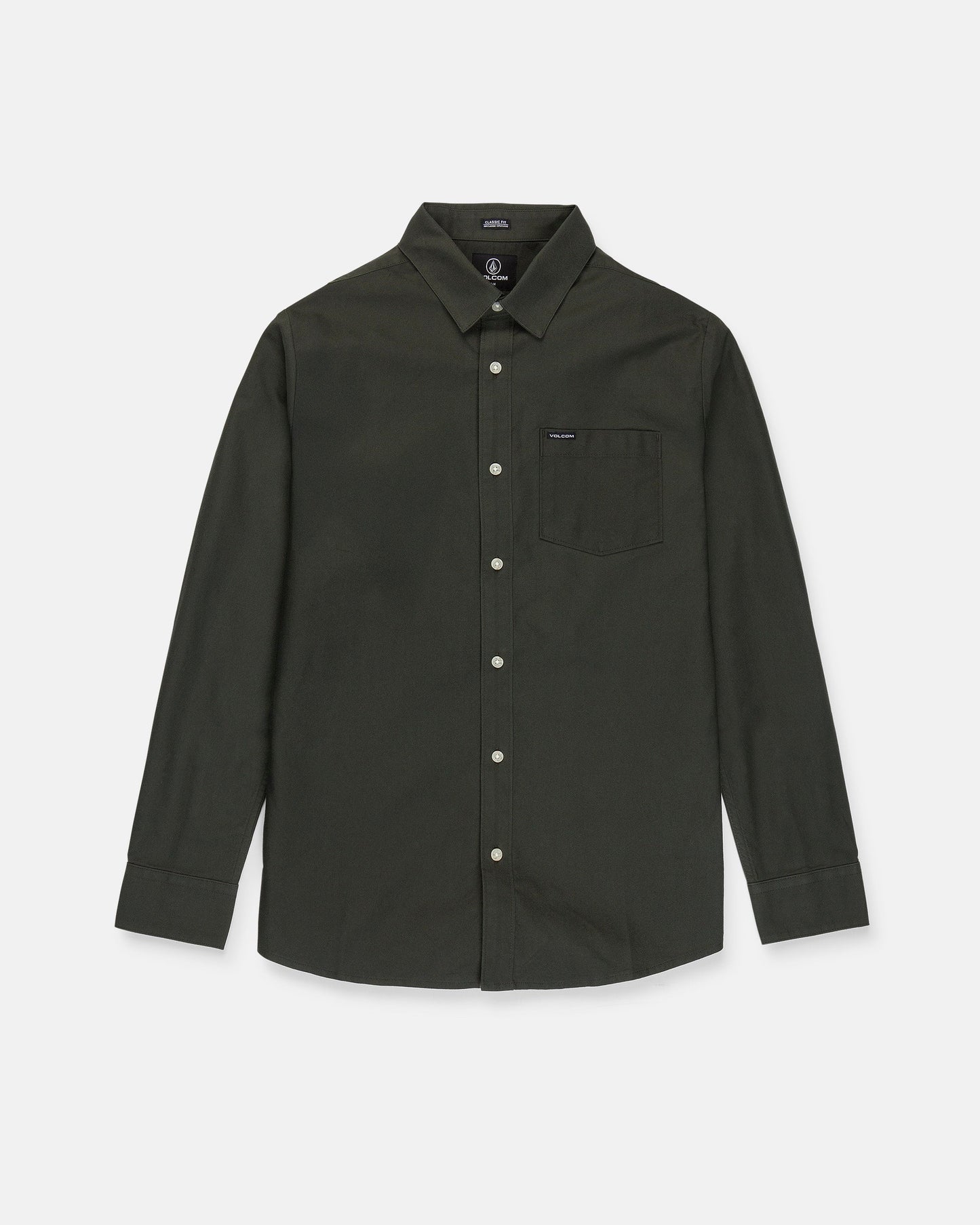 The Men's Veeco Oxford Long Sleeve Shirt by Volcom, shown in Climbing Ivy green, features a classic fit with a collar and single chest pocket, crafted from soft micro suede and displayed on a white background.