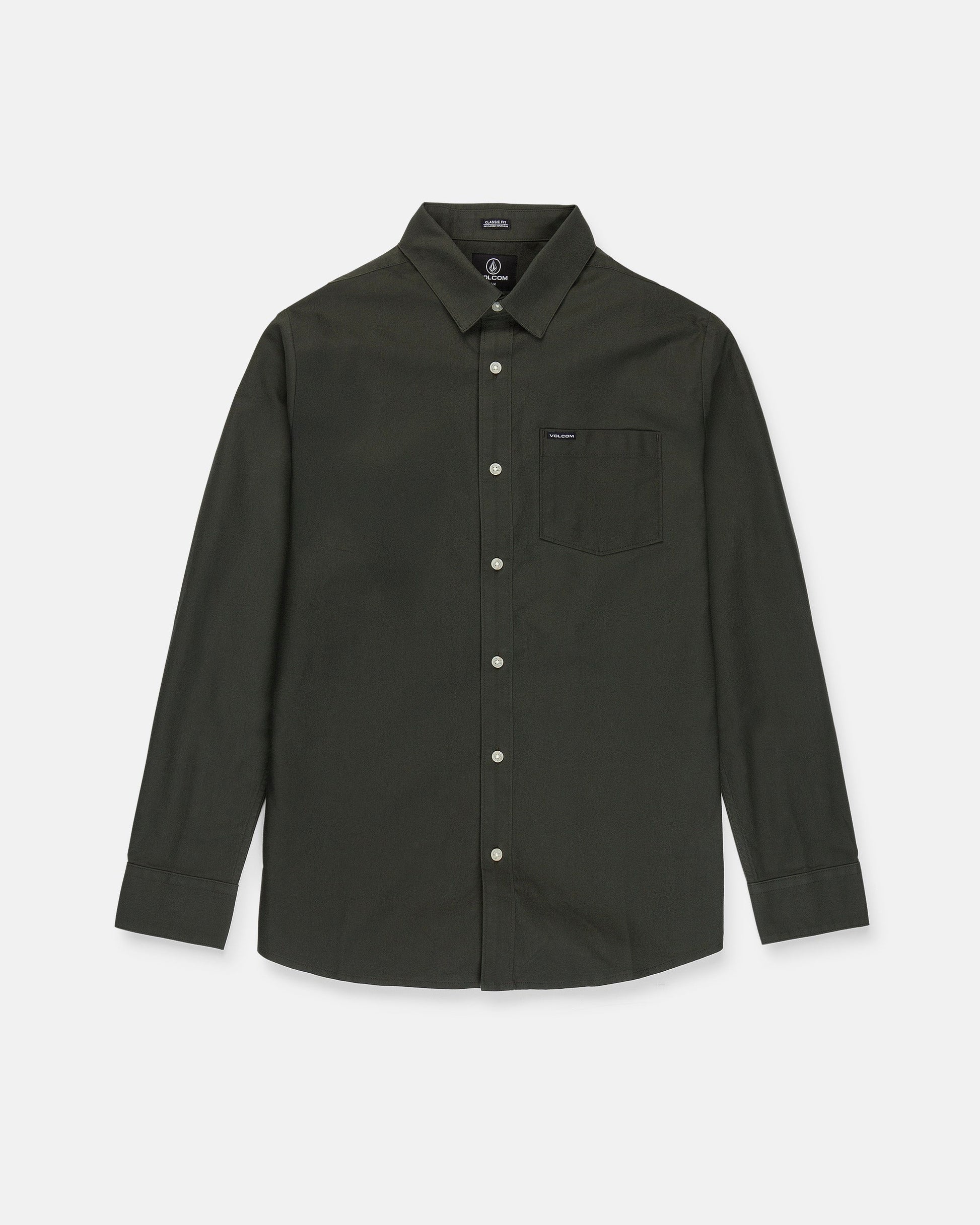 The Men's Veeco Oxford Long Sleeve Shirt by Volcom, shown in Climbing Ivy green, features a classic fit with a collar and single chest pocket, crafted from soft micro suede and displayed on a white background.