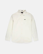 A Volcom Men's Veeco Oxford Long Sleeve Shirt in plain off-white, featuring a classic fit with a pointed collar and single chest pocket, is laid flat on a white background.