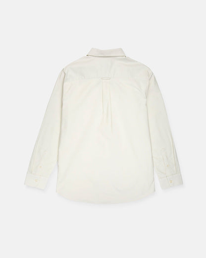 A men's Veeco Oxford Long Sleeve Shirt by Volcom is displayed laid flat with the back side facing up. This white button-up shirt features a classic fit, a collar, a back yoke with a center pleat, and buttoned cuffs.