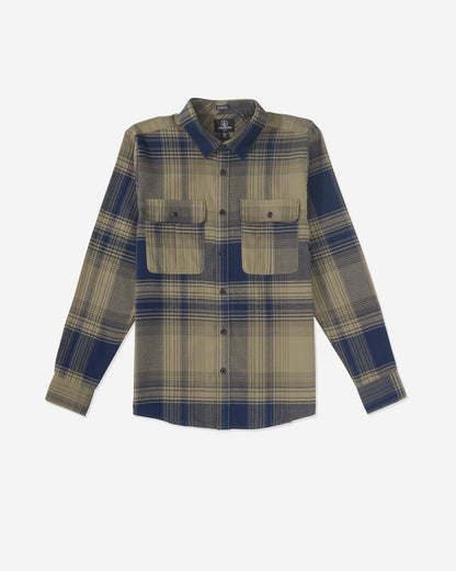 The Volcom Men's Parkstone Long Sleeve Shirt is a blue and beige plaid flannel with button-up front and two chest pockets, shown on a plain white background.