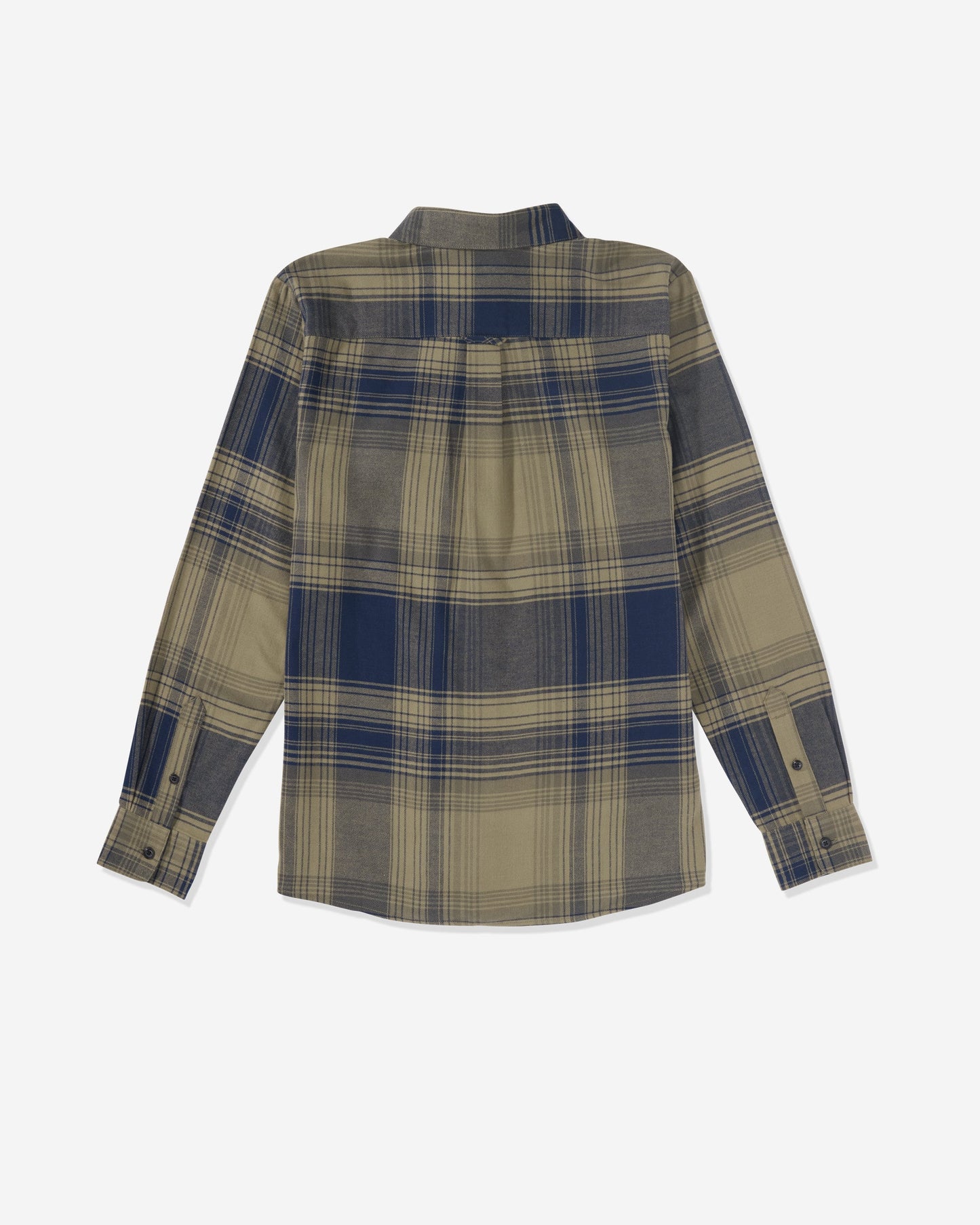 The Volcom Men's Parkstone Long Sleeve Shirt features a navy blue and khaki plaid pattern, button-down design, and buttoned cuffs, shown from the back on a white background.