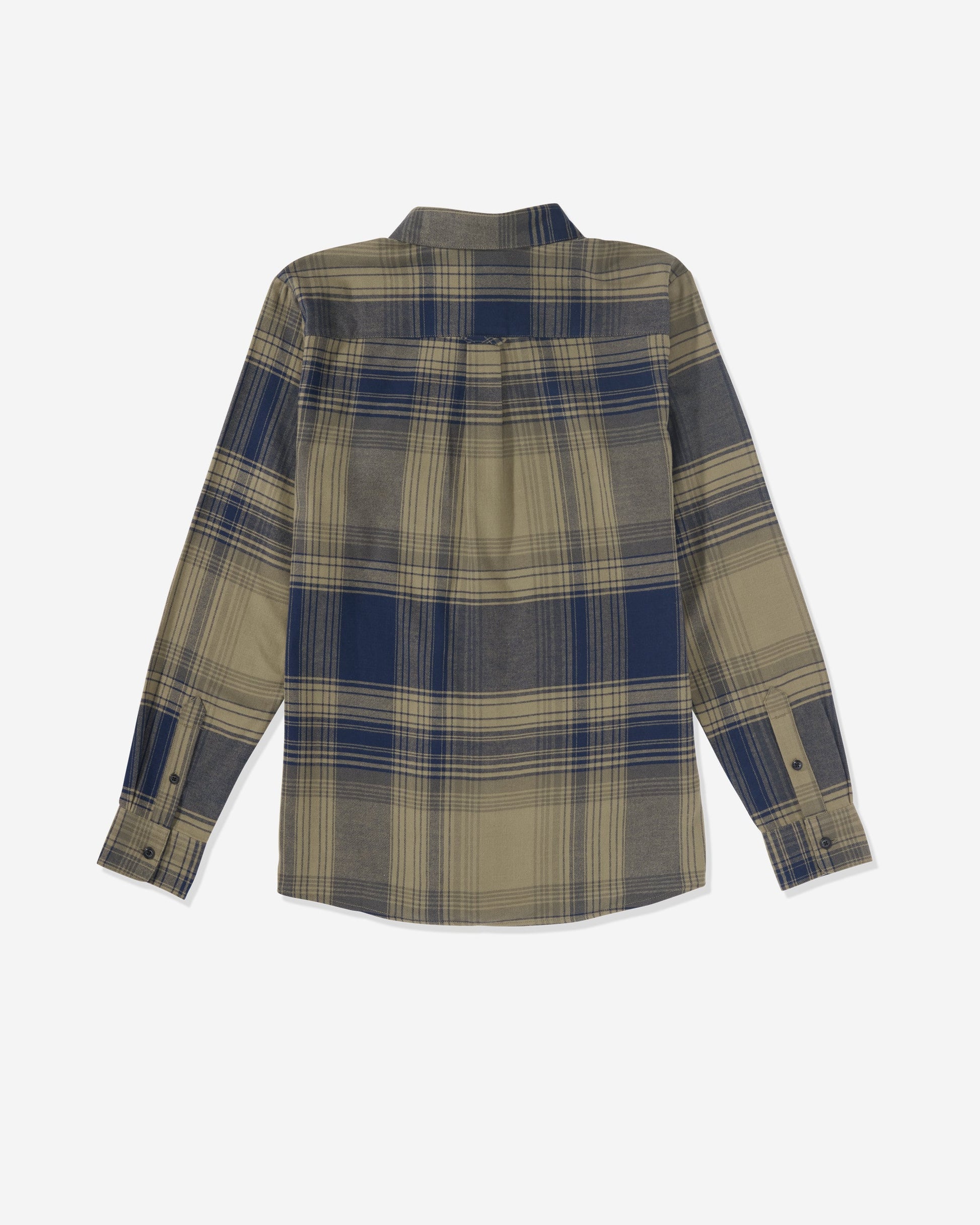 The Volcom Men's Parkstone Long Sleeve Shirt features a navy blue and khaki plaid pattern, button-down design, and buttoned cuffs, shown from the back on a white background.