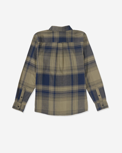 The Volcom Men's Parkstone Long Sleeve Shirt features a navy blue and khaki plaid pattern, button-down design, and buttoned cuffs, shown from the back on a white background.
