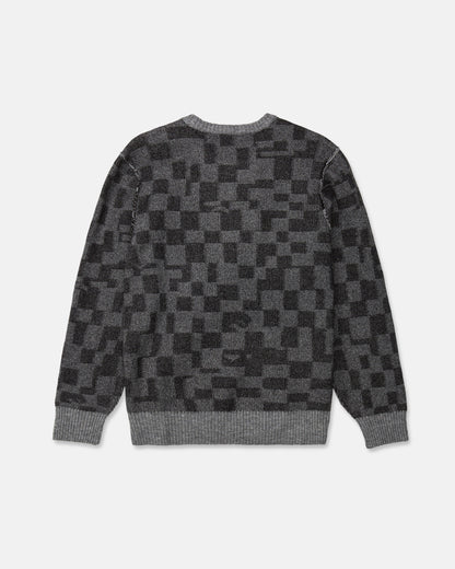 Volcom Men's Featured Artist Antonio Carrau Sweater in gray jacquard with a black checkered pattern, shown from the back. Designed with ribbed cuffs, hem, and neckline for added comfort, this cozy sweater features a boxy fit for effortless style.