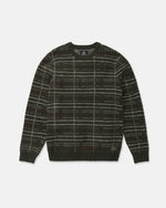 The Men's Stone Optix Sweater by Volcom is shown laid flat on a white background, featuring a dark green plaid design with white dotted lines creating a checkered pattern. This slim fit, long sleeve sweater has ribbed cuffs, a crew neck neckline, and a ribbed hem.